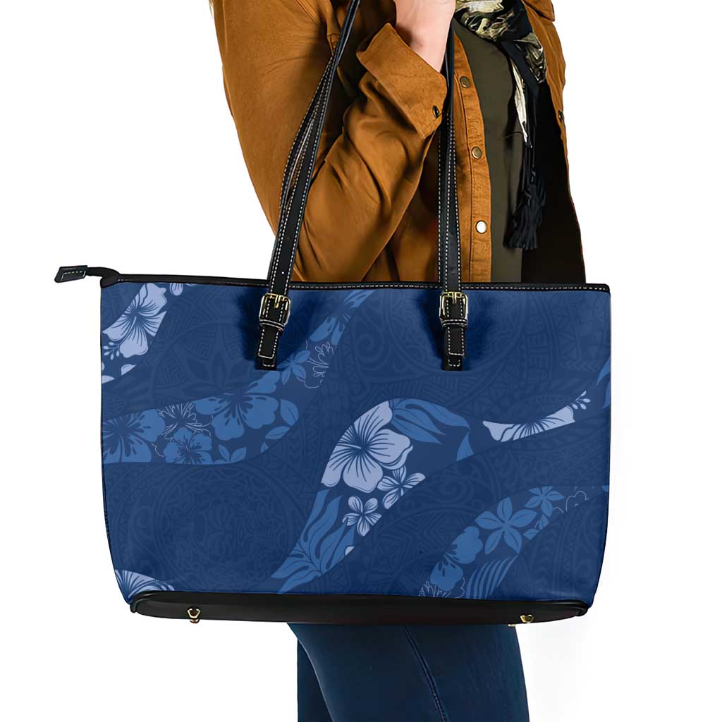Aloha Hawaii Floral Tapa Leather Tote Bag Patchwork Navy - Polynesian Pride