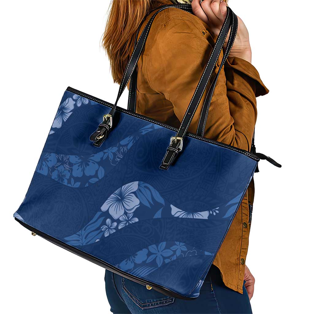 Aloha Hawaii Floral Tapa Leather Tote Bag Patchwork Navy - Polynesian Pride