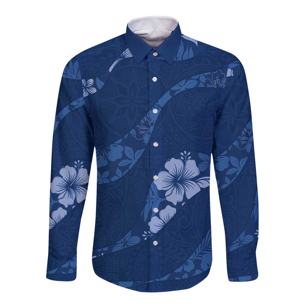 Aloha Hawaii Floral Tapa Long Sleeve Button Shirt Patchwork Navy - Polynesian Pride