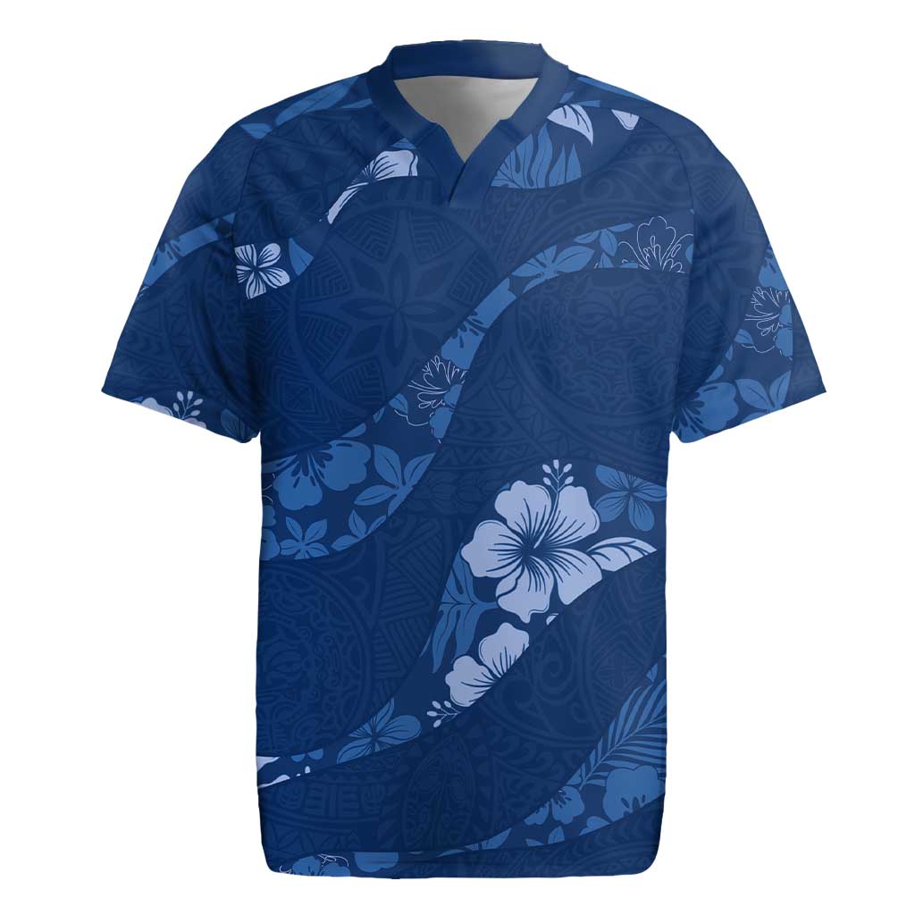 Aloha Hawaii Floral Tapa Rugby Jersey Patchwork Navy - Polynesian Pride