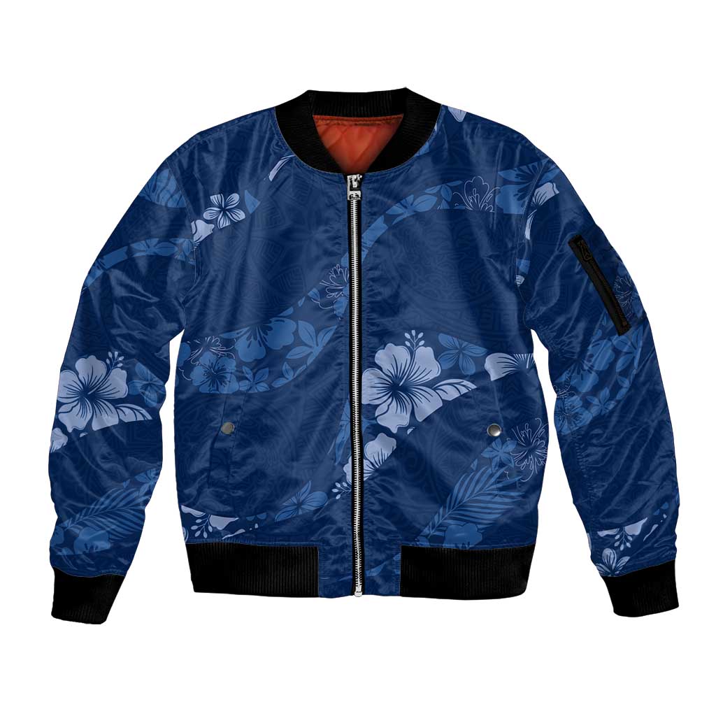 Aloha Hawaii Floral Tapa Sleeve Zip Bomber Jacket Patchwork Navy LT7 Unisex Navy - Polynesian Pride