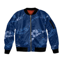Aloha Hawaii Floral Tapa Sleeve Zip Bomber Jacket Patchwork Navy LT7 Unisex Navy - Polynesian Pride