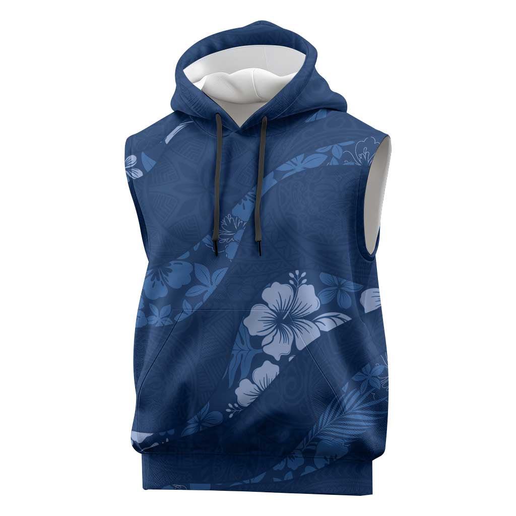 Aloha Hawaii Floral Tapa Sleeveless Hoodie Patchwork Navy - Polynesian Pride
