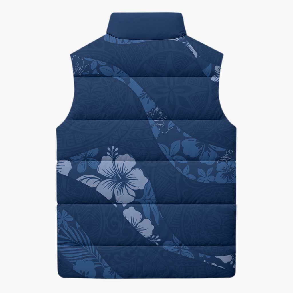 Aloha Hawaii Floral Tapa Sleeveless Puffer Jacket Patchwork Navy - Polynesian Pride