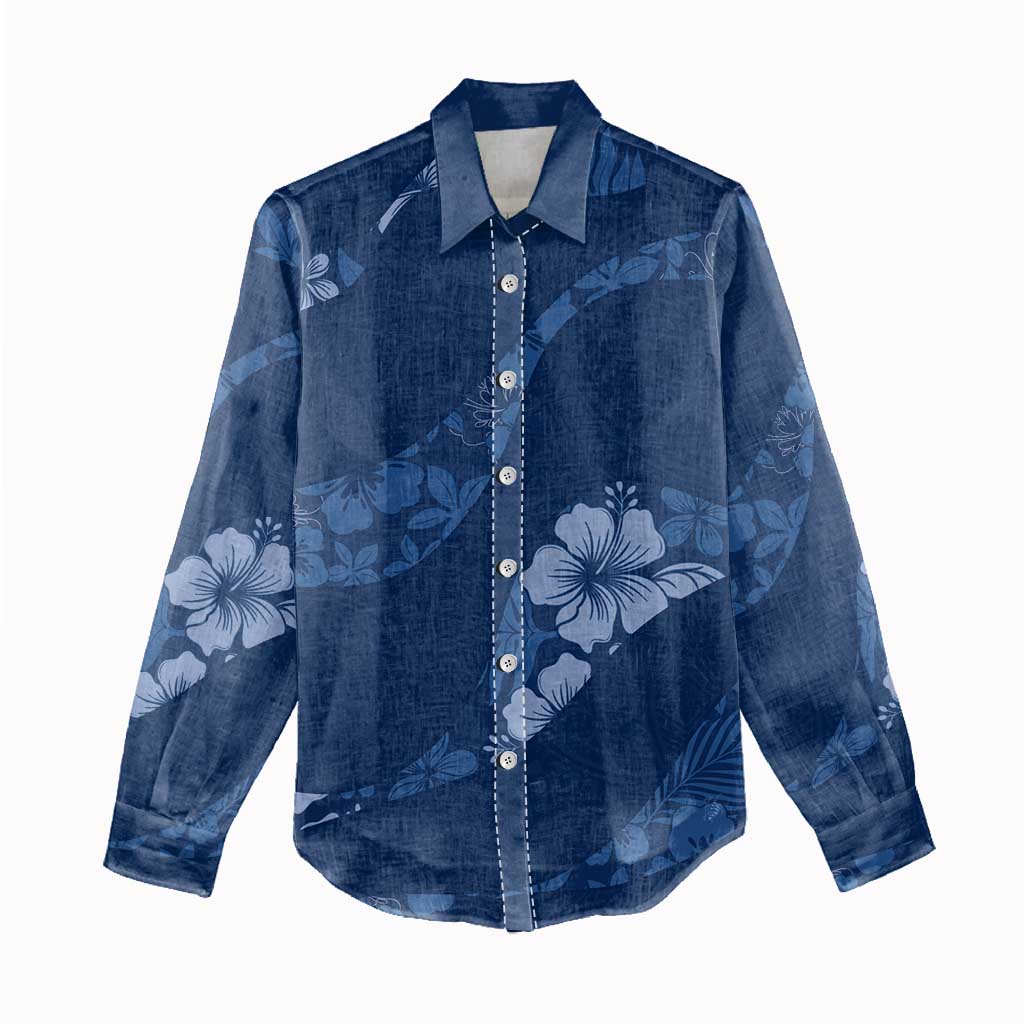 Aloha Hawaii Floral Tapa Women Casual Shirt Patchwork Navy - Polynesian Pride