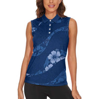 Aloha Hawaii Floral Tapa Women Sleeveless Polo Shirt Patchwork Navy - Polynesian Pride