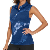 Aloha Hawaii Floral Tapa Women Sleeveless Polo Shirt Patchwork Navy - Polynesian Pride