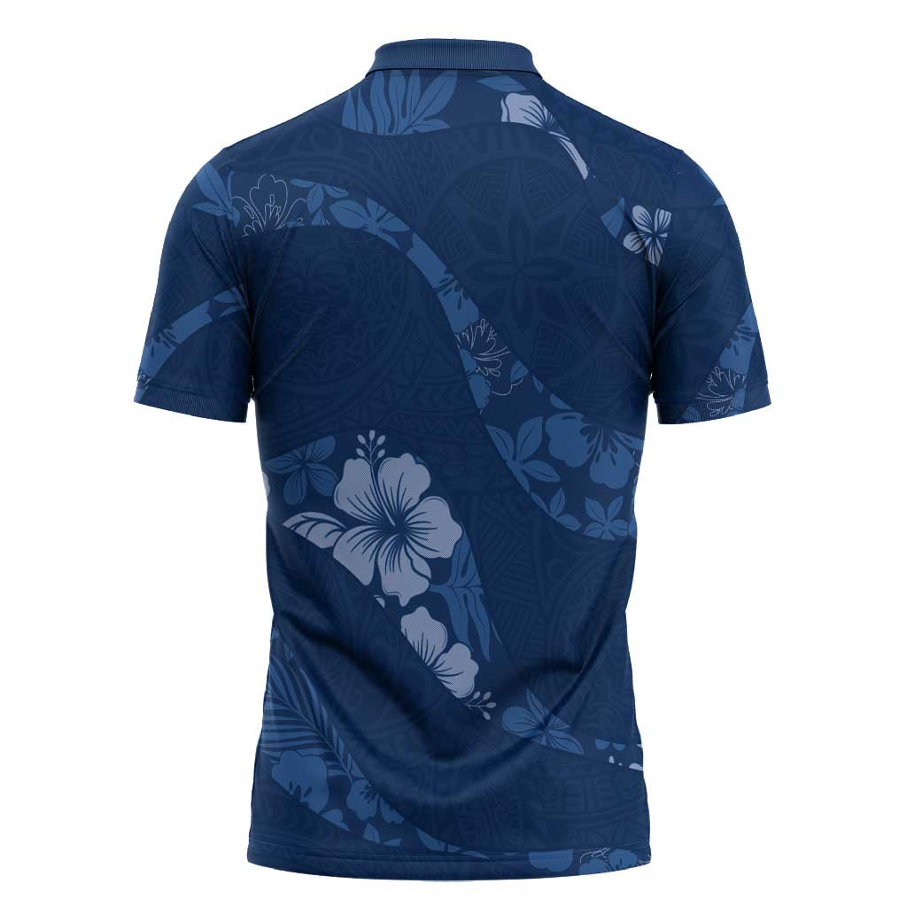 Aloha Hawaii Floral Tapa Zipper Polo Shirt Patchwork Navy - Polynesian Pride