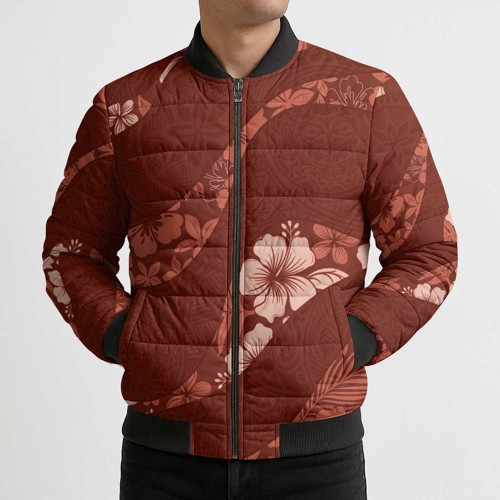 Aloha Hawaii Floral Tapa Bomber Puffer Jacket Patchwork Crimson - Polynesian Pride