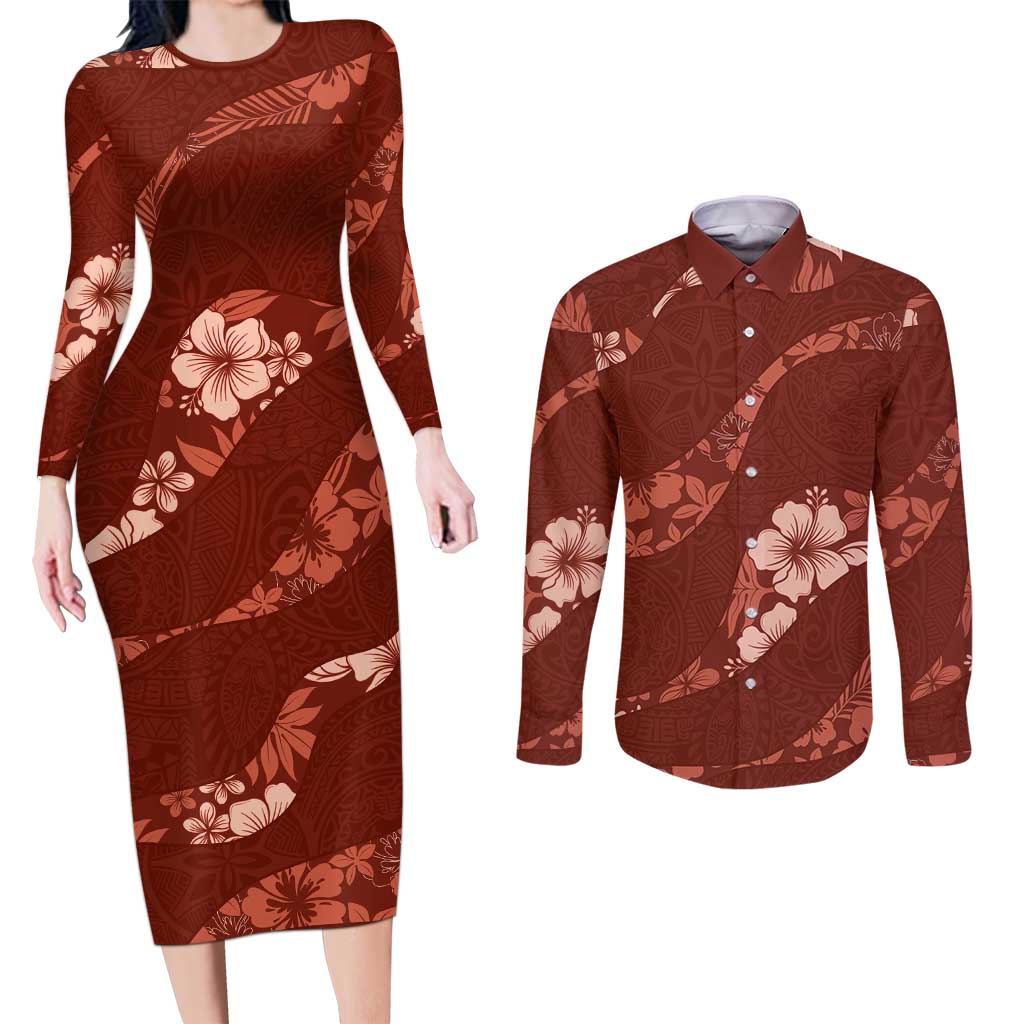 Aloha Hawaii Floral Tapa Couples Matching Long Sleeve Bodycon Dress and Long Sleeve Button Shirt Patchwork Crimson - Polynesian Pride
