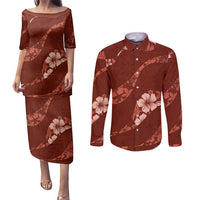 Aloha Hawaii Floral Tapa Couples Matching Puletasi and Long Sleeve Button Shirt Patchwork Crimson - Polynesian Pride