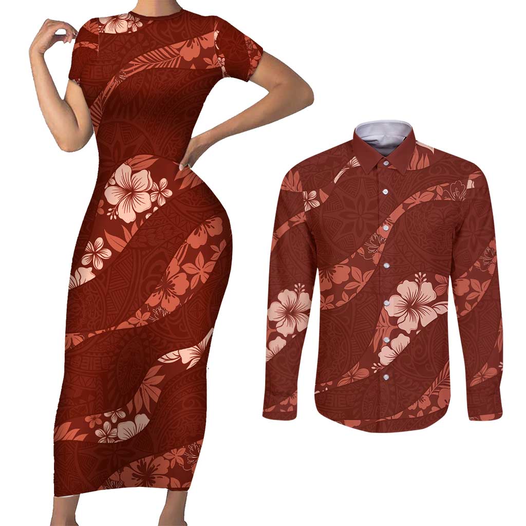 Aloha Hawaii Floral Tapa Couples Matching Short Sleeve Bodycon Dress and Long Sleeve Button Shirt Patchwork Crimson - Polynesian Pride