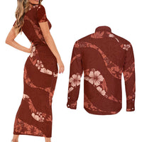 Aloha Hawaii Floral Tapa Couples Matching Short Sleeve Bodycon Dress and Long Sleeve Button Shirt Patchwork Crimson - Polynesian Pride