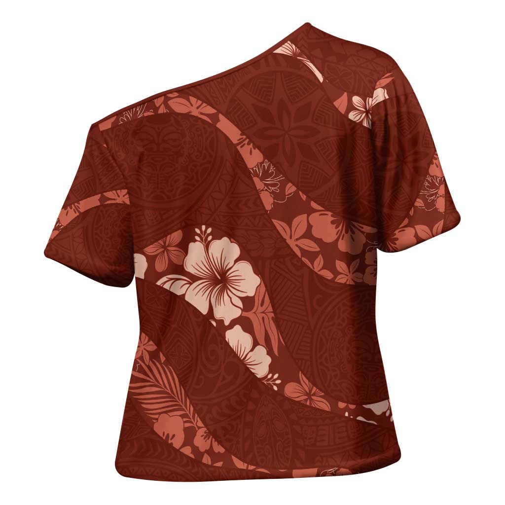 Aloha Hawaii Floral Tapa Cross Shoulder Shirt Patchwork Crimson - Polynesian Pride