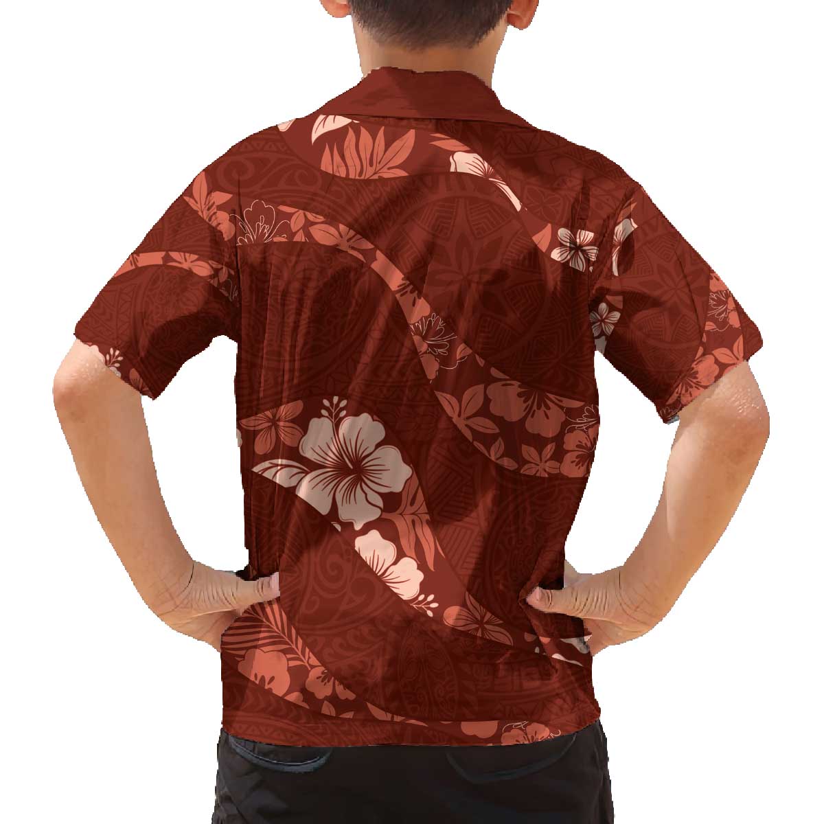Aloha Hawaii Floral Tapa Family Matching Off The Shoulder Long Sleeve Dress and Hawaiian Shirt Patchwork Crimson - Polynesian Pride