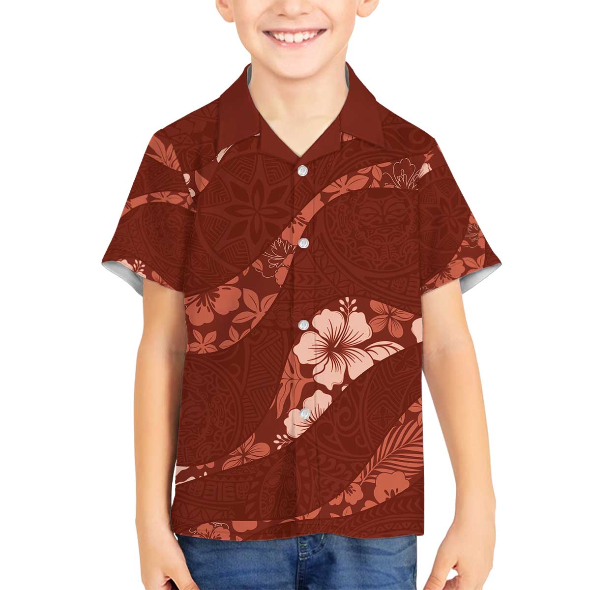 Aloha Hawaii Floral Tapa Family Matching Off The Shoulder Long Sleeve Dress and Hawaiian Shirt Patchwork Crimson - Polynesian Pride
