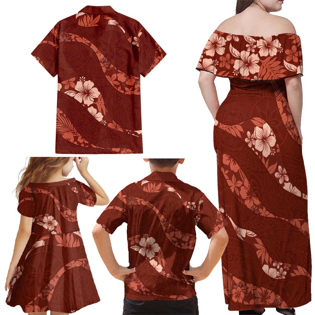 Aloha Hawaii Floral Tapa Family Matching Off Shoulder Maxi Dress and Hawaiian Shirt Patchwork Crimson - Polynesian Pride