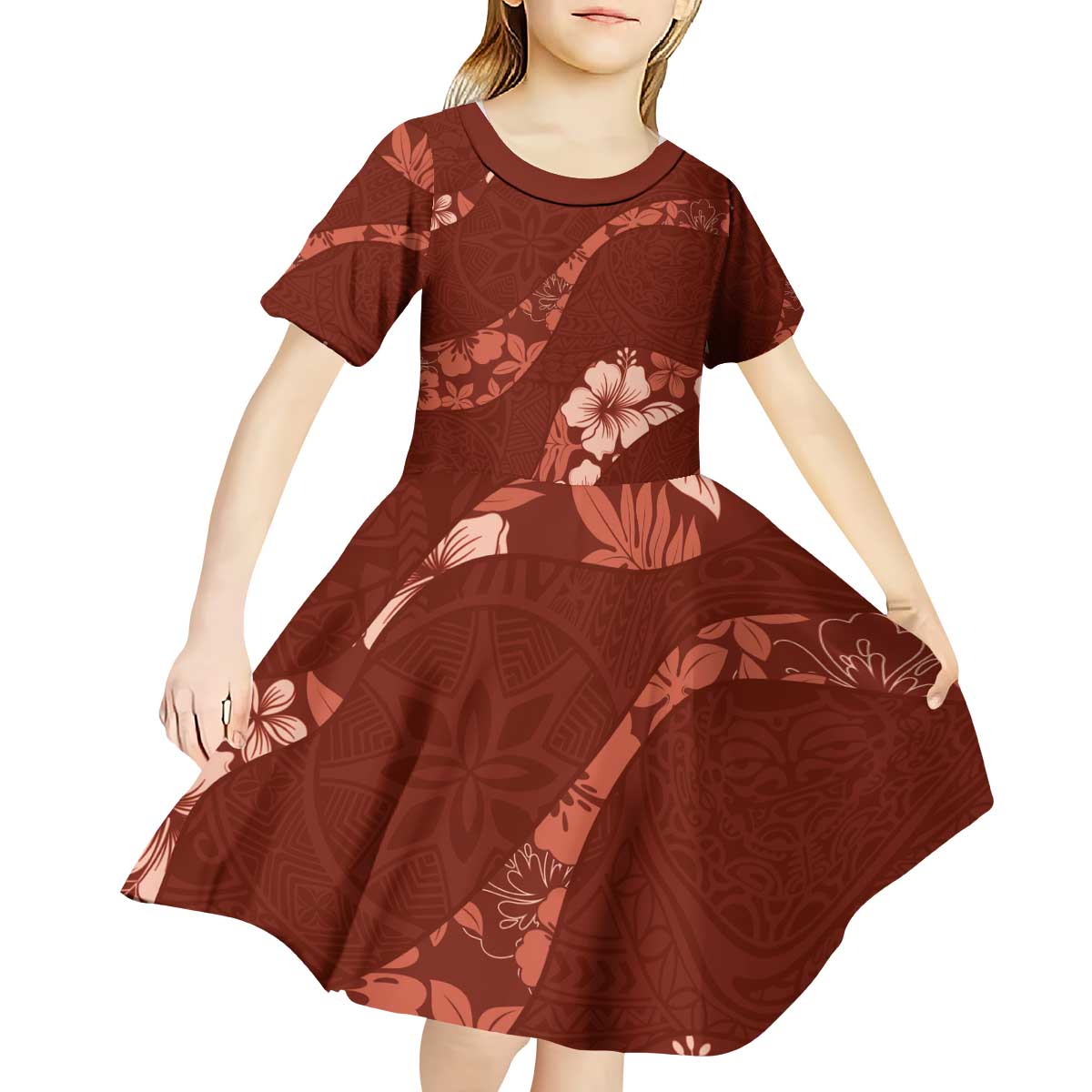 Aloha Hawaii Floral Tapa Kid Short Sleeve Dress Patchwork Crimson - Polynesian Pride