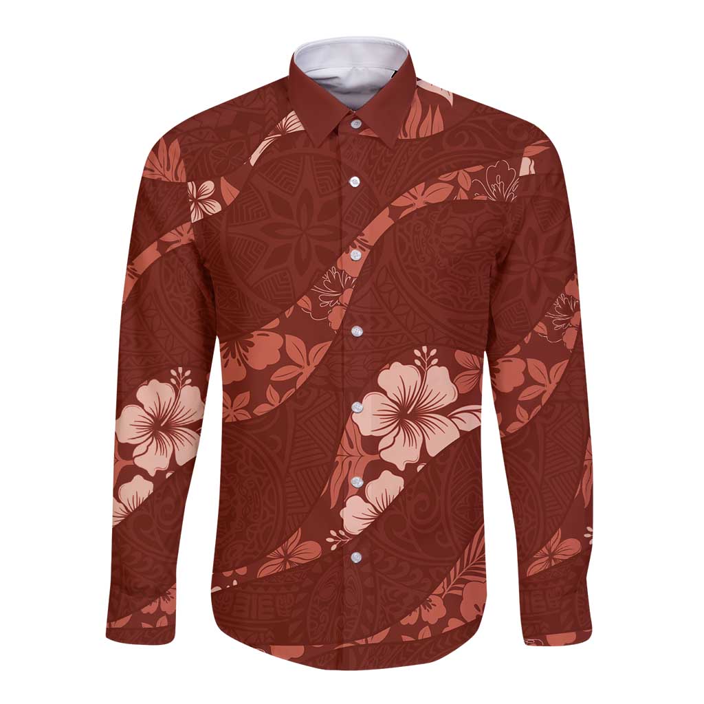 Aloha Hawaii Floral Tapa Long Sleeve Button Shirt Patchwork Crimson - Polynesian Pride
