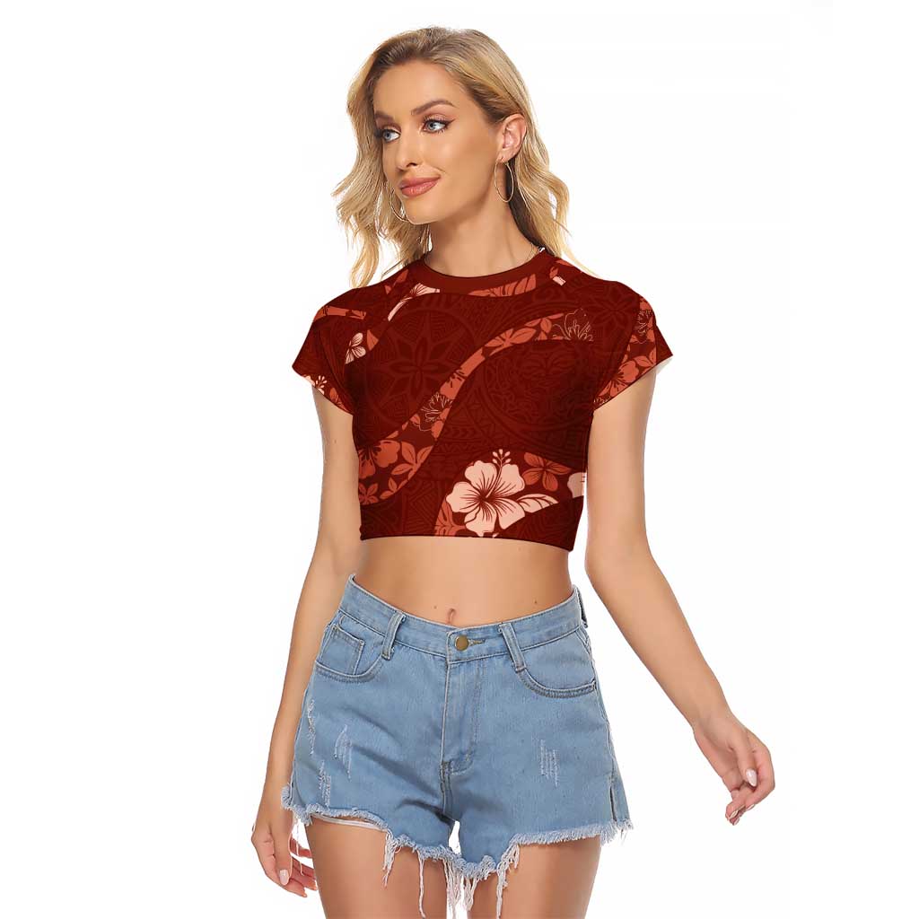 Aloha Hawaii Floral Tapa Raglan Cropped T Shirt Patchwork Crimson - Polynesian Pride