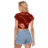 Aloha Hawaii Floral Tapa Raglan Cropped T Shirt Patchwork Crimson - Polynesian Pride