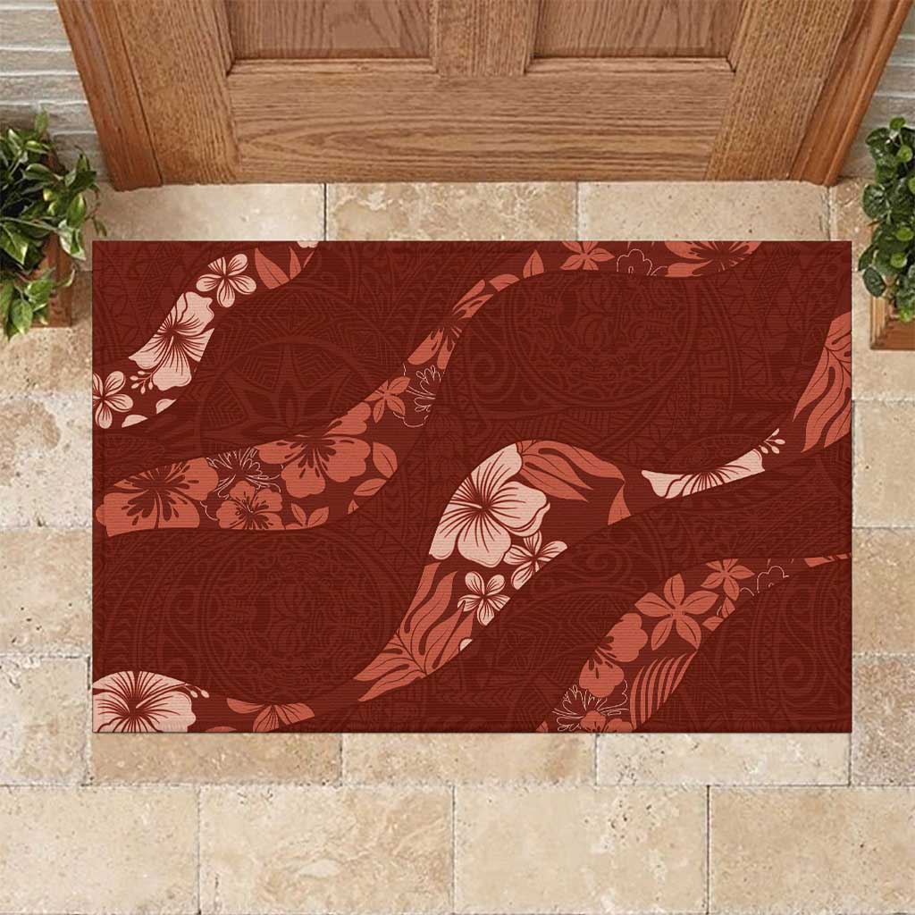 Aloha Hawaii Floral Tapa Rubber Doormat Patchwork Crimson - Polynesian Pride