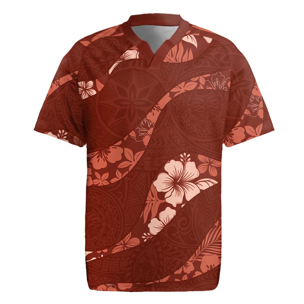 Aloha Hawaii Floral Tapa Rugby Jersey Patchwork Crimson - Polynesian Pride