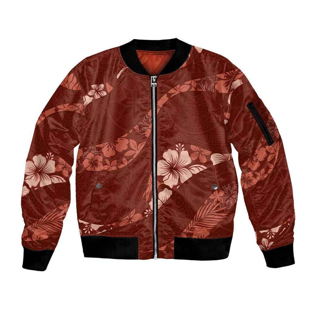 Aloha Hawaii Floral Tapa Sleeve Zip Bomber Jacket Patchwork Crimson LT7 Unisex Crimson - Polynesian Pride