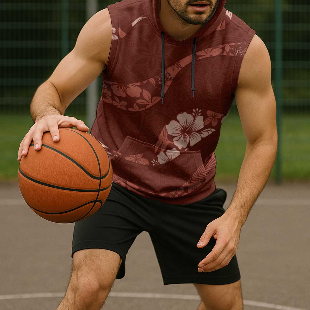 Aloha Hawaii Floral Tapa Sleeveless Hoodie Patchwork Crimson - Polynesian Pride