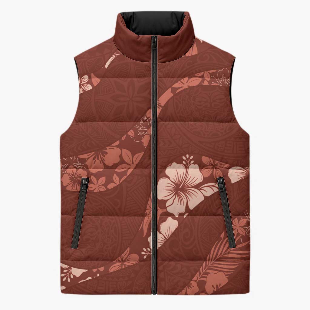 Aloha Hawaii Floral Tapa Sleeveless Puffer Jacket Patchwork Crimson - Polynesian Pride