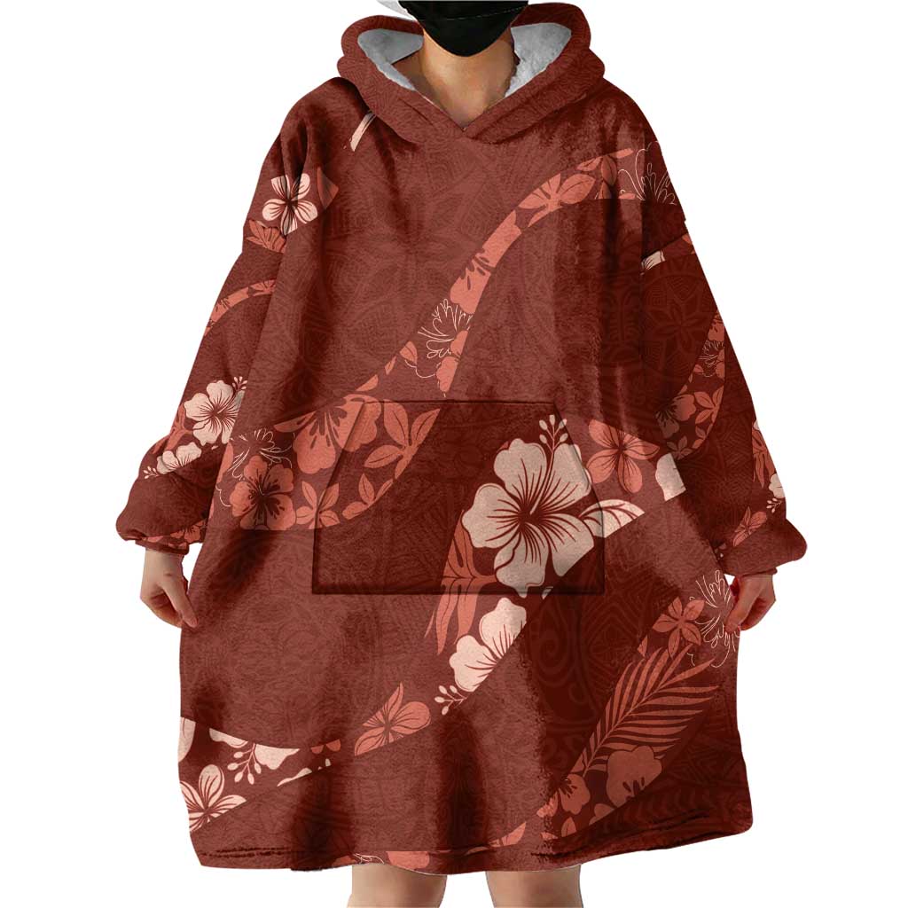 Aloha Hawaii Floral Tapa Wearable Blanket Hoodie Patchwork Crimson - Polynesian Pride
