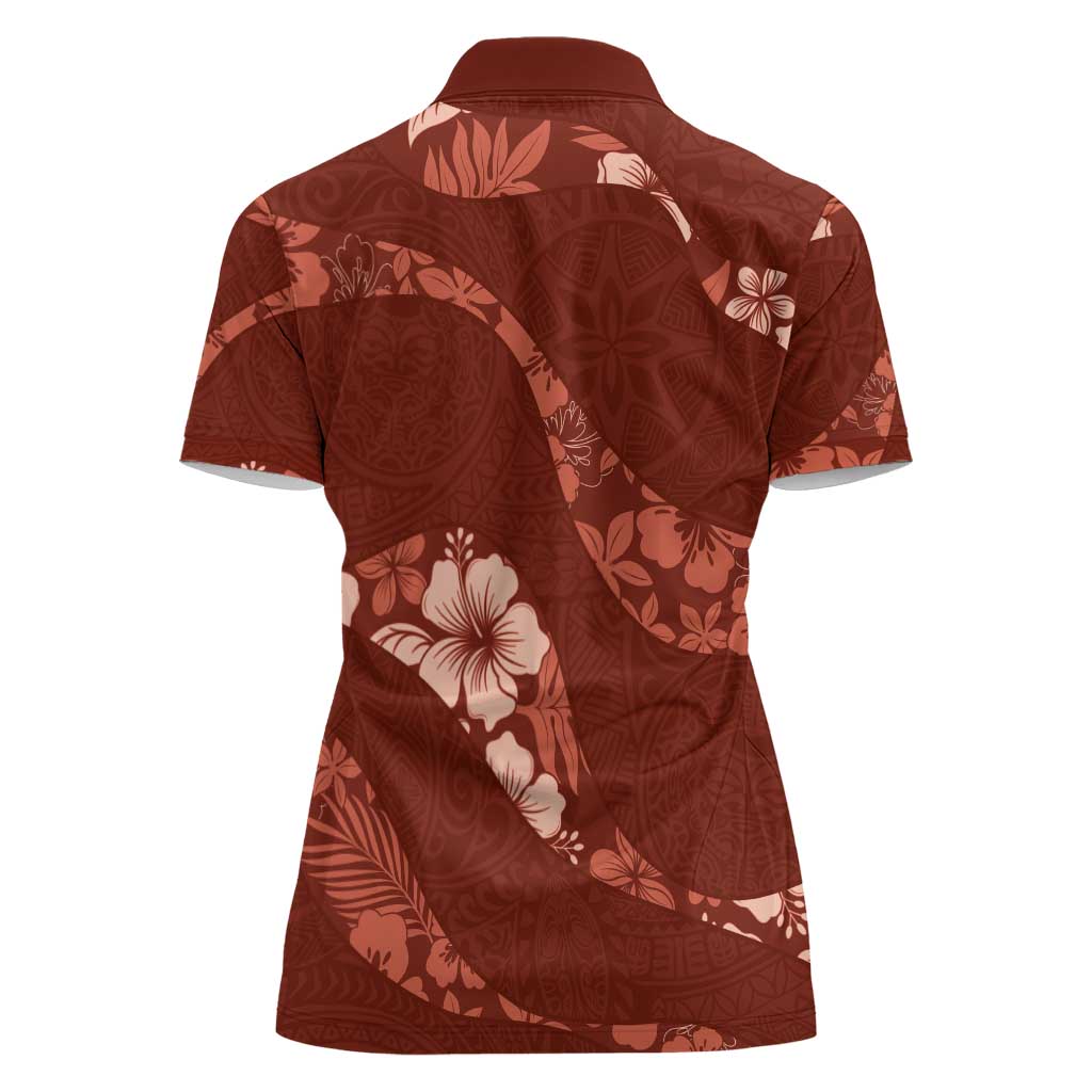 Aloha Hawaii Floral Tapa Women Polo Shirt Patchwork Crimson - Polynesian Pride