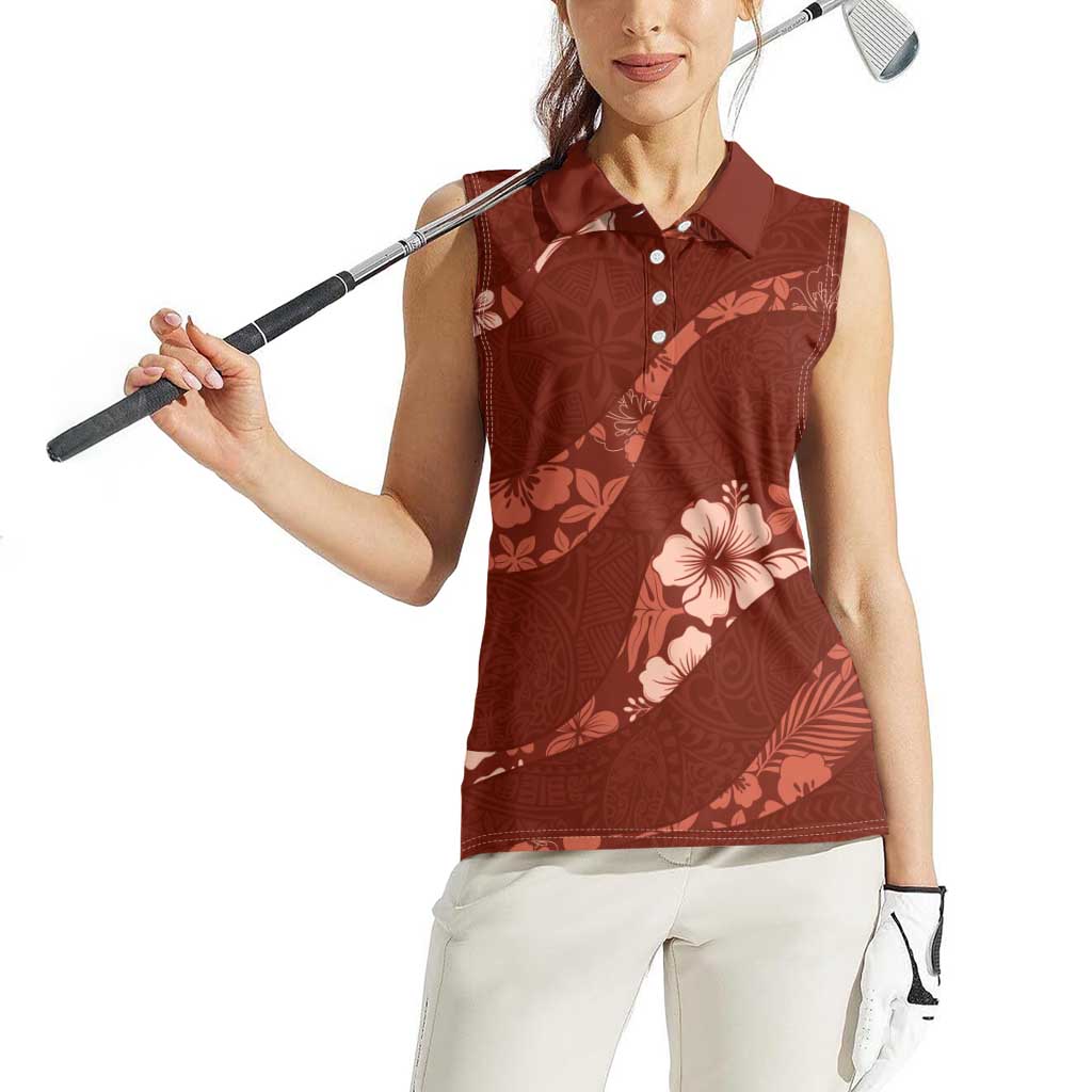 Aloha Hawaii Floral Tapa Women Sleeveless Polo Shirt Patchwork Crimson - Polynesian Pride