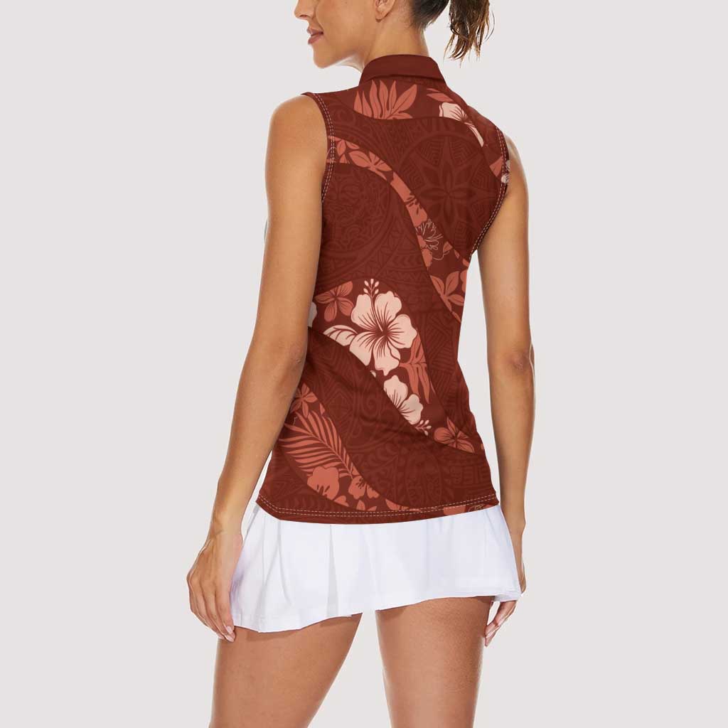 Aloha Hawaii Floral Tapa Women Sleeveless Polo Shirt Patchwork Crimson - Polynesian Pride