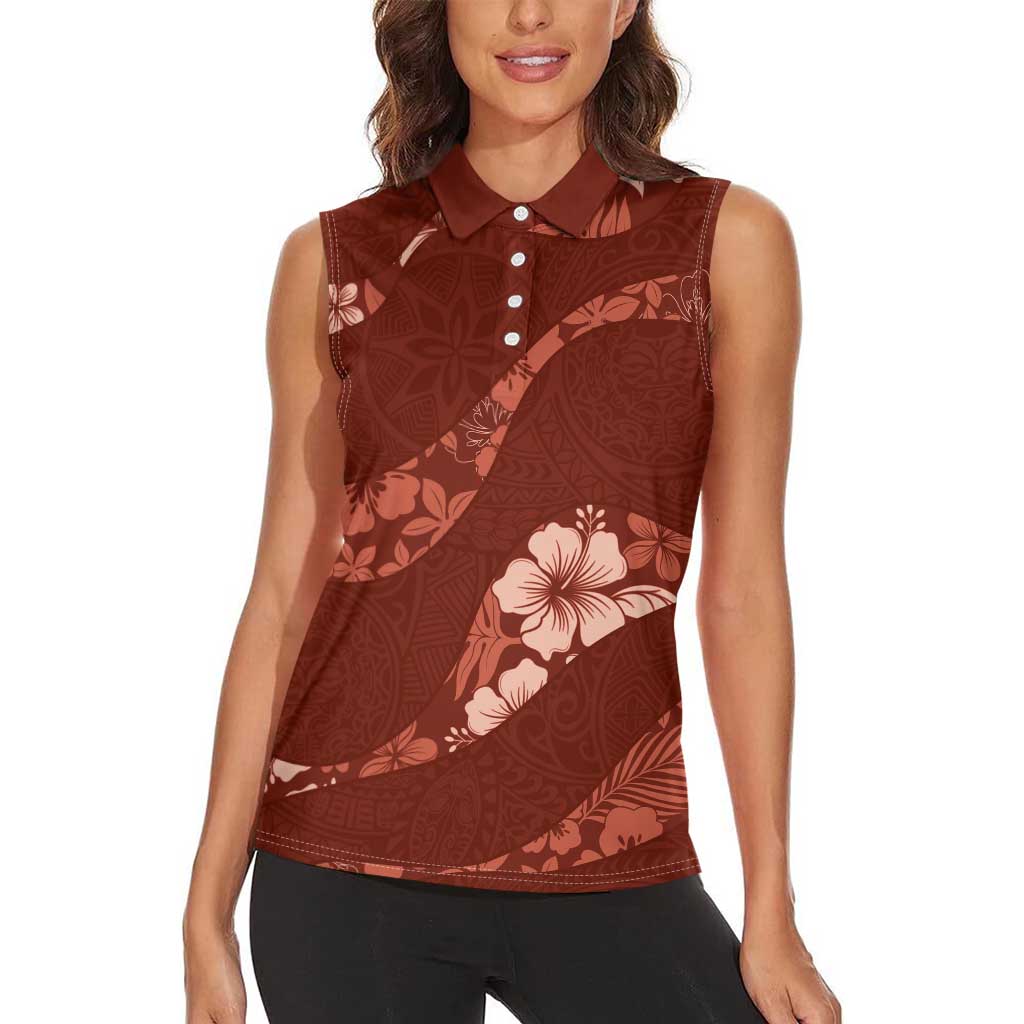 Aloha Hawaii Floral Tapa Women Sleeveless Polo Shirt Patchwork Crimson - Polynesian Pride