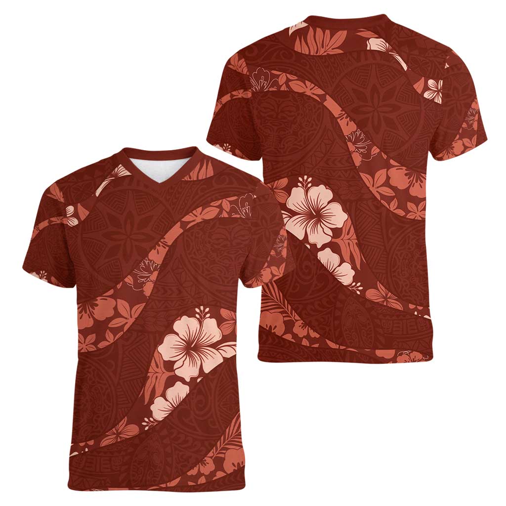 Aloha Hawaii Floral Tapa Women V-Neck T-Shirt Patchwork Crimson - Polynesian Pride