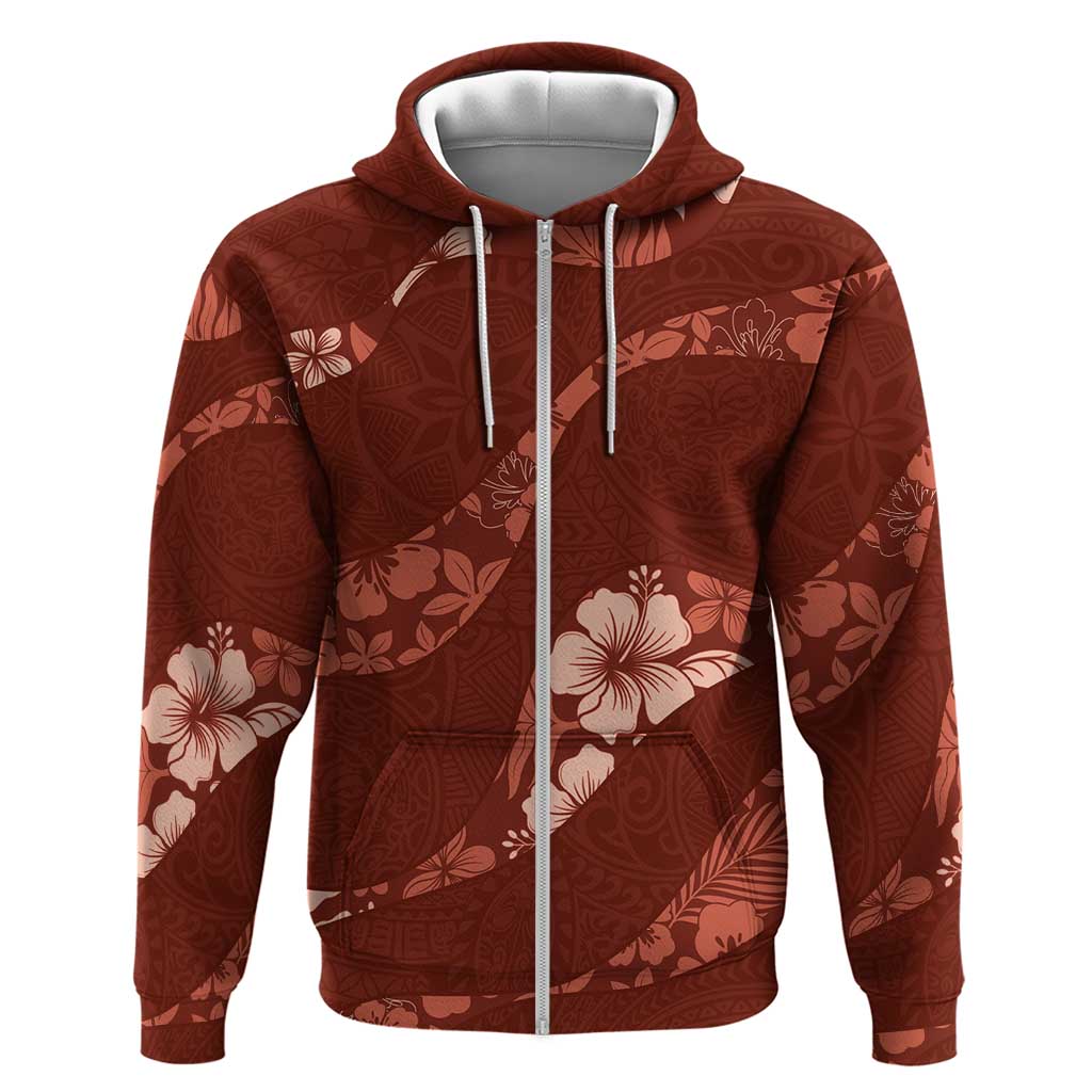 Aloha Hawaii Floral Tapa Zip Hoodie Patchwork Crimson - Polynesian Pride