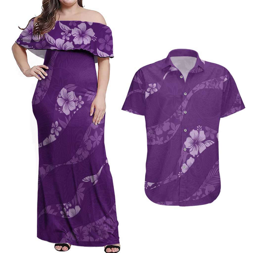 Aloha Hawaii Floral Tapa Couples Matching Off Shoulder Maxi Dress and Hawaiian Shirt Patchwork Violet - Polynesian Pride