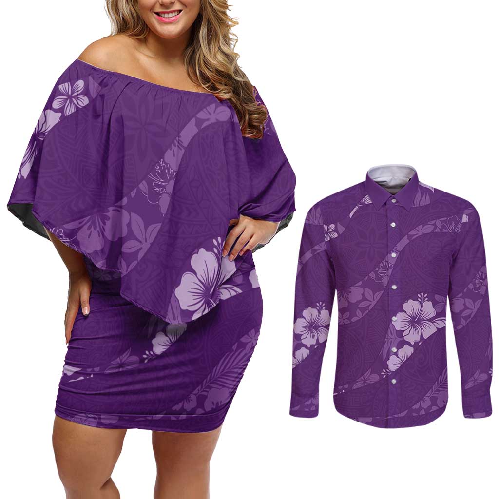 Aloha Hawaii Floral Tapa Couples Matching Off Shoulder Short Dress and Long Sleeve Button Shirt Patchwork Violet - Polynesian Pride