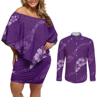 Aloha Hawaii Floral Tapa Couples Matching Off Shoulder Short Dress and Long Sleeve Button Shirt Patchwork Violet - Polynesian Pride