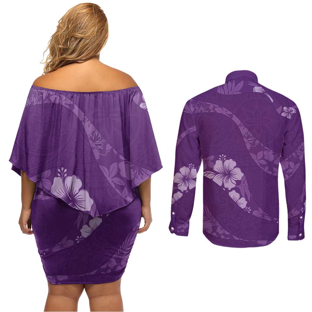 Aloha Hawaii Floral Tapa Couples Matching Off Shoulder Short Dress and Long Sleeve Button Shirt Patchwork Violet - Polynesian Pride