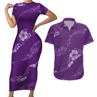 Aloha Hawaii Floral Tapa Couples Matching Short Sleeve Bodycon Dress and Hawaiian Shirt Patchwork Violet - Polynesian Pride