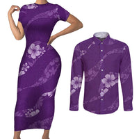 Aloha Hawaii Floral Tapa Couples Matching Short Sleeve Bodycon Dress and Long Sleeve Button Shirt Patchwork Violet - Polynesian Pride