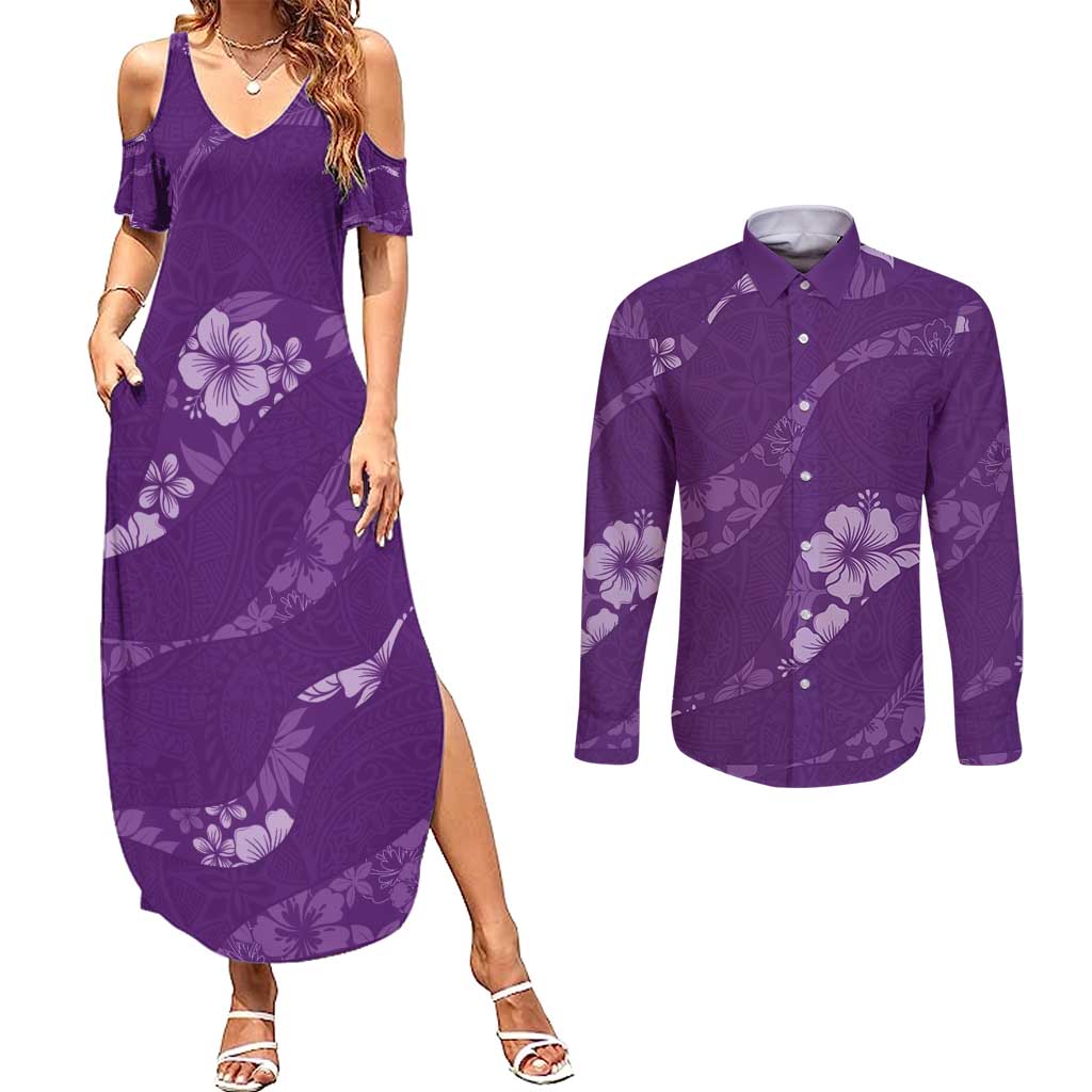Aloha Hawaii Floral Tapa Couples Matching Summer Maxi Dress and Long Sleeve Button Shirt Patchwork Violet - Polynesian Pride