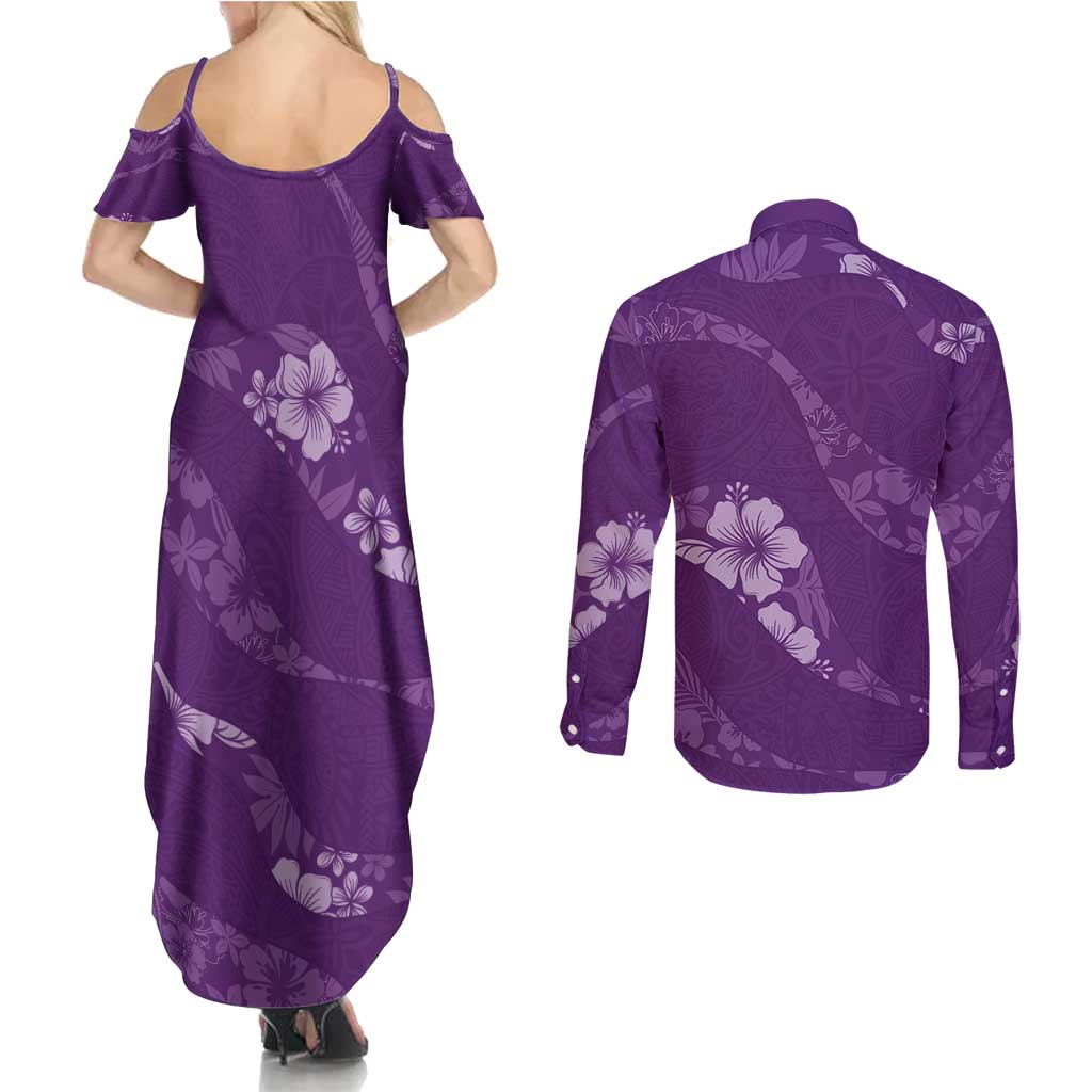 Aloha Hawaii Floral Tapa Couples Matching Summer Maxi Dress and Long Sleeve Button Shirt Patchwork Violet - Polynesian Pride