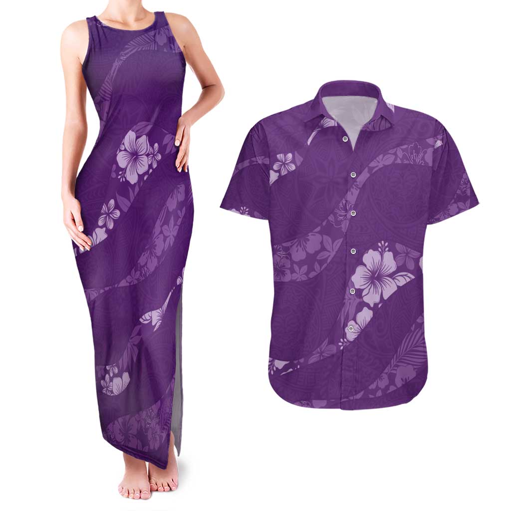 Aloha Hawaii Floral Tapa Couples Matching Tank Maxi Dress and Hawaiian Shirt Patchwork Violet - Polynesian Pride