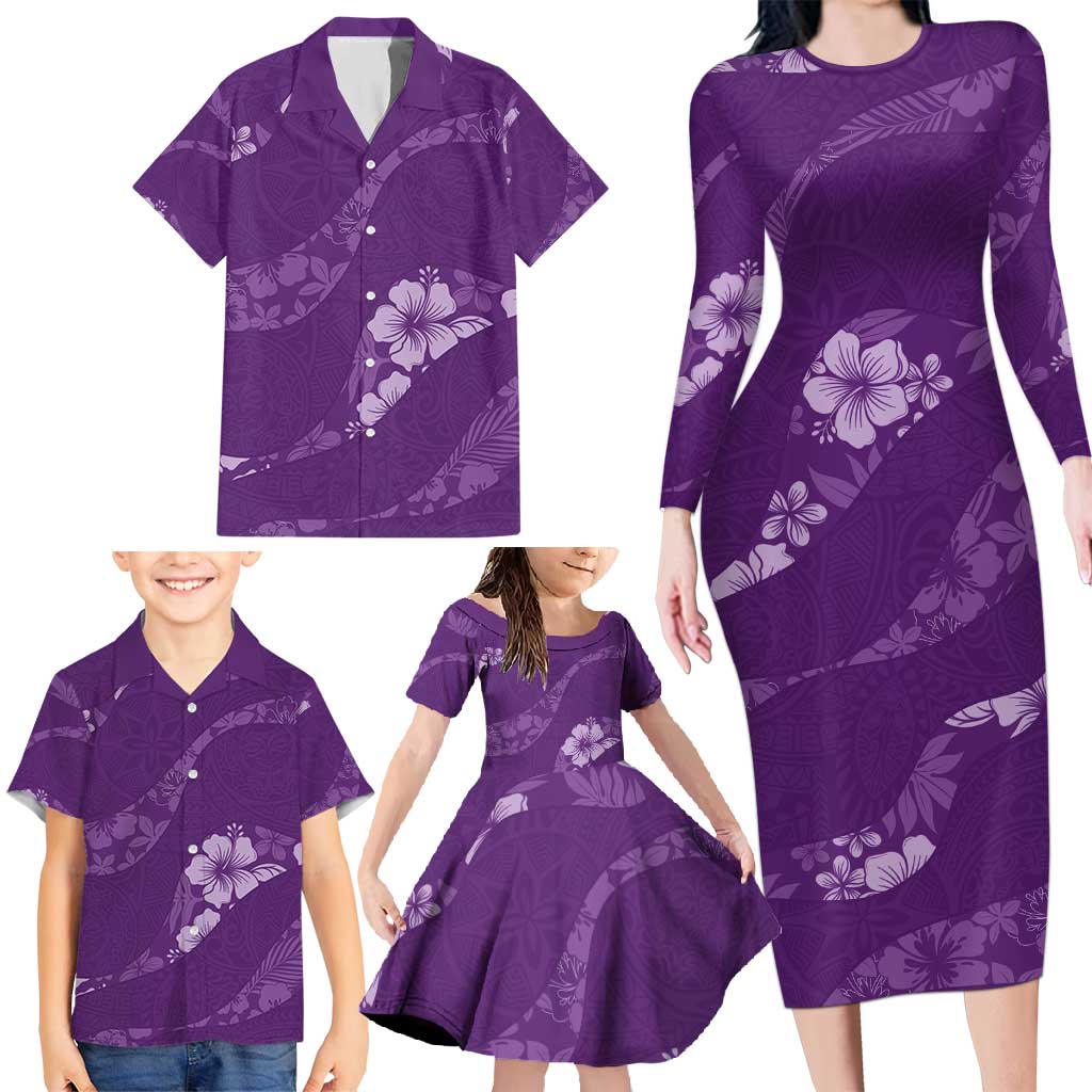 Aloha Hawaii Floral Tapa Family Matching Long Sleeve Bodycon Dress and Hawaiian Shirt Patchwork Violet - Polynesian Pride