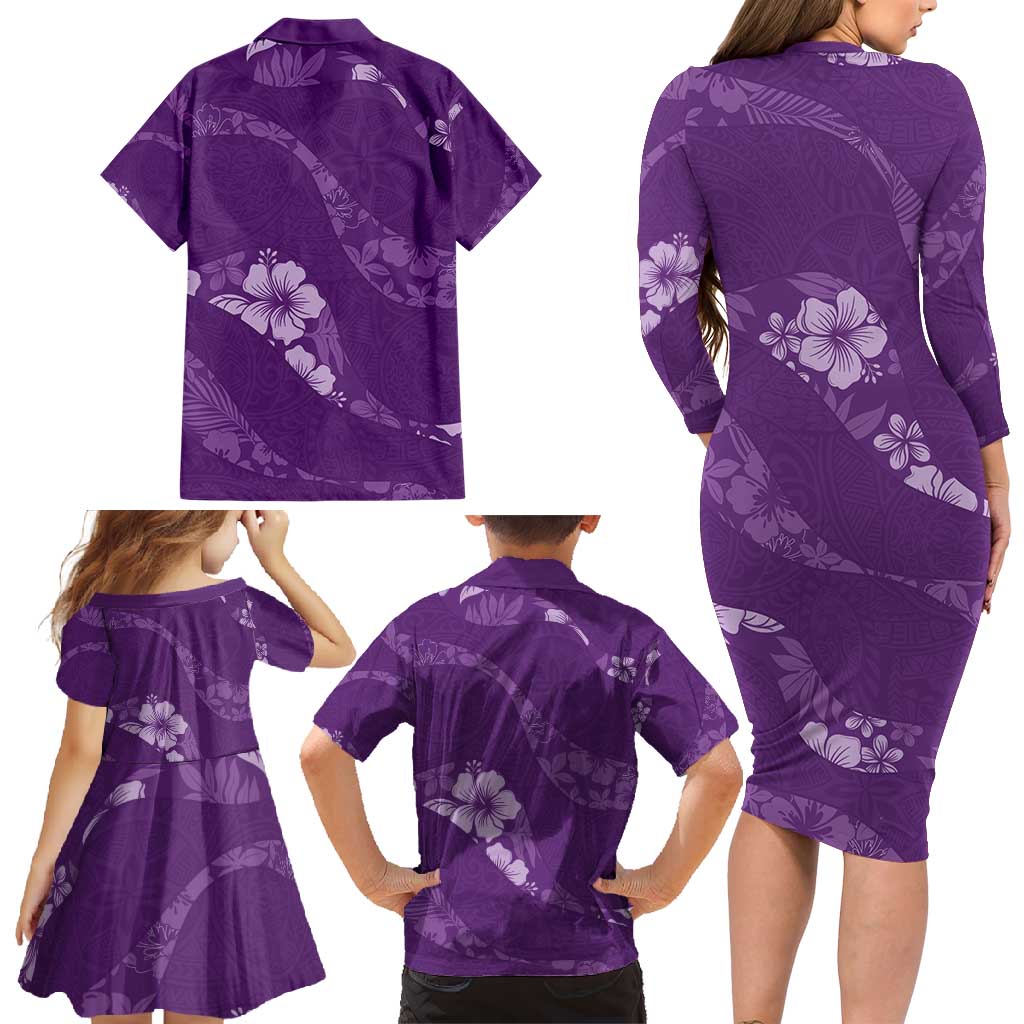Aloha Hawaii Floral Tapa Family Matching Long Sleeve Bodycon Dress and Hawaiian Shirt Patchwork Violet - Polynesian Pride