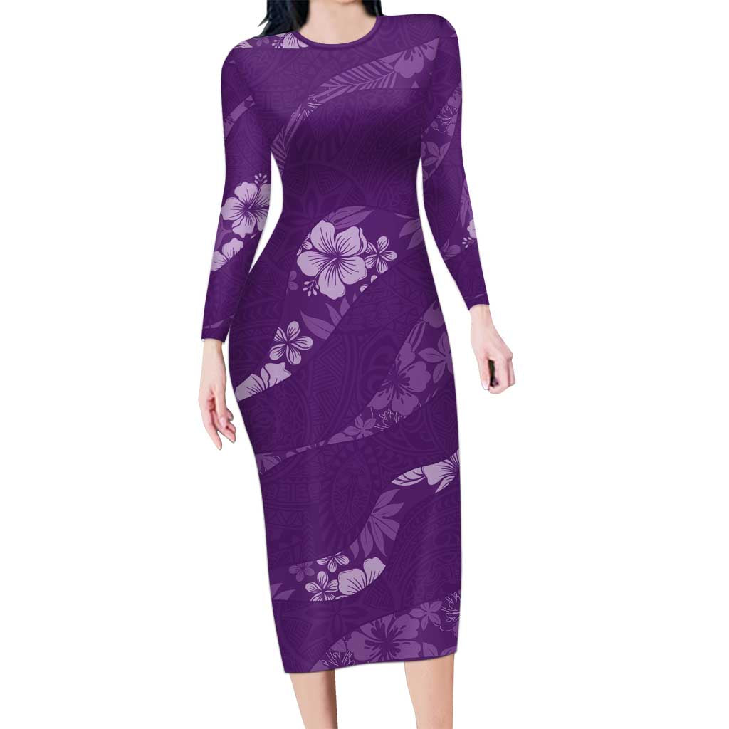 Aloha Hawaii Floral Tapa Family Matching Long Sleeve Bodycon Dress and Hawaiian Shirt Patchwork Violet - Polynesian Pride