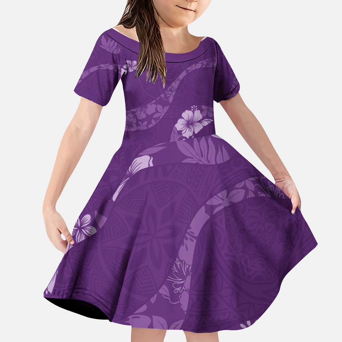 Aloha Hawaii Floral Tapa Kid Short Sleeve Dress Patchwork Violet - Polynesian Pride